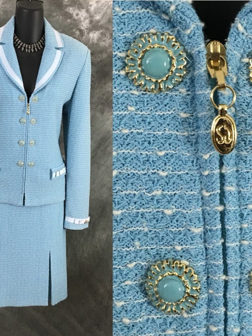 BEAUTIFUL St John couture knit blue white jacket skirt suit size 8